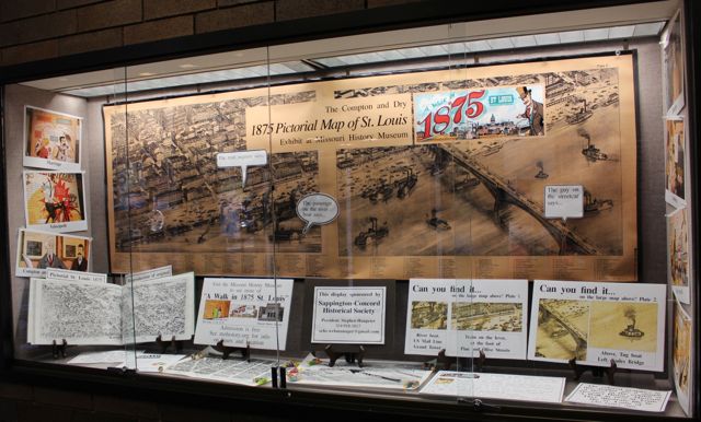 A sampler of maps and graphic from the Missouri HIstory Museum exhibit, "A Walk in 1875 St Louis." Oak Bend LIbrary, September 2015.