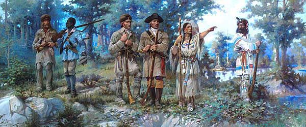 A 20th century painting of the explorers Lewis and Clark conversing with their Shoshoni guide Sacajawea, by Edgar Samuel Paxson