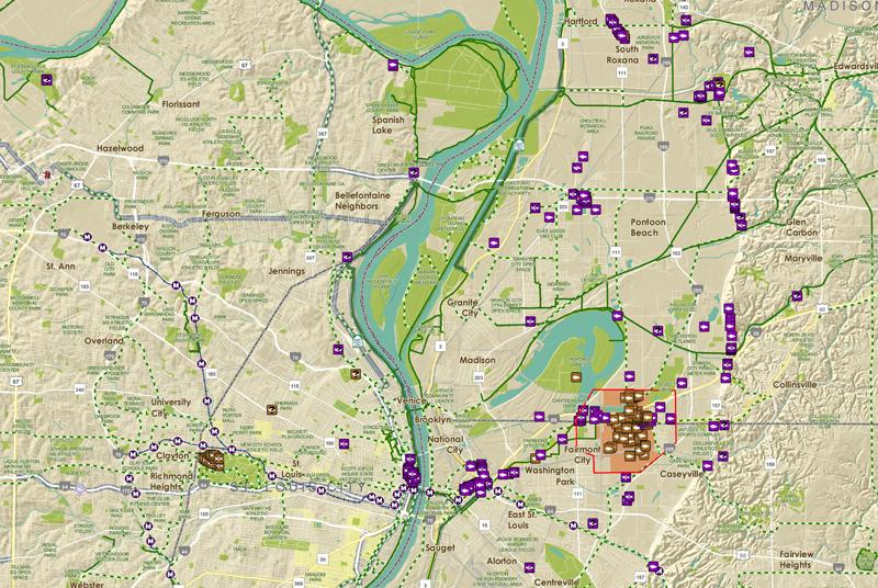 A closer look at a section of a map of current and destroyed Mississippian mounds in the St. Louis region. Heartlands Conservancy From: http://news.stlpublicradio.org/post/efforts-underway-enhance-national-designation-cahokia-mounds