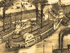 Steamboat on the St Louis riverfront. Detail from Compton and Dry 1875 pictorial map of St Louis.
