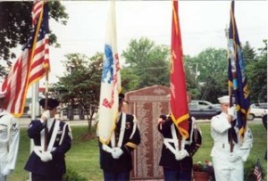 SCHS Annual Memorial Day ceremony, honor guard in front of WWII Honor Roll in Sappington-Concord Memorial Park.