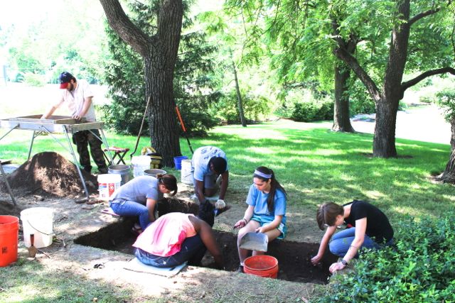 High school students working on excavation unit one, the dig at Sappington House.