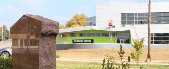 The new administrative offices for Lindbergh Schools are being built on the site of the former Johnny's Market across Denny Road from Memorial Park. WWII Honor Roll memorial shown in left in foreground