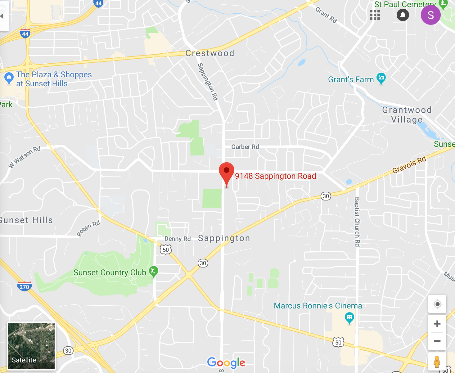 Google map showing 9148 Sappington Road, St Louis, Missouri, 63126